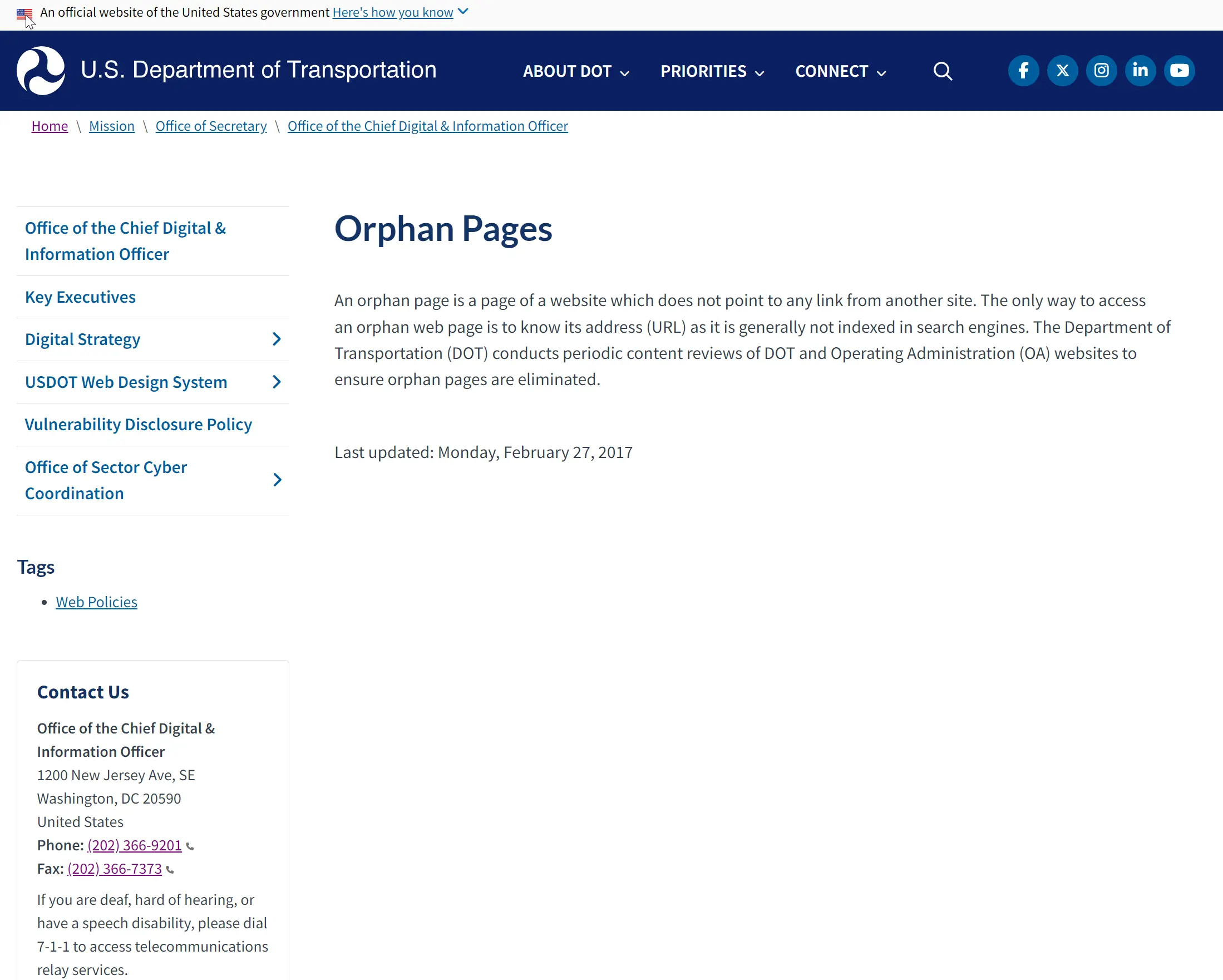 U.S. Department of Transportation's definition of orphan pages